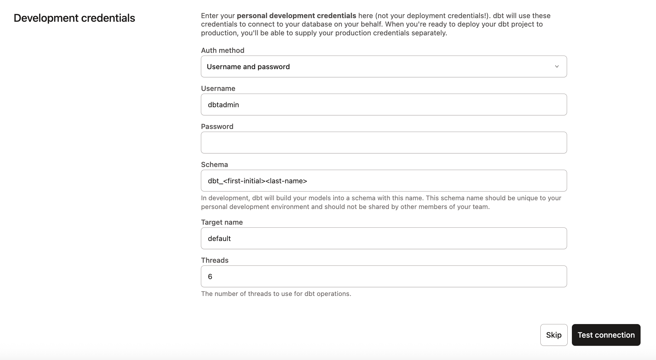 dbt - Redshift Development Credentials